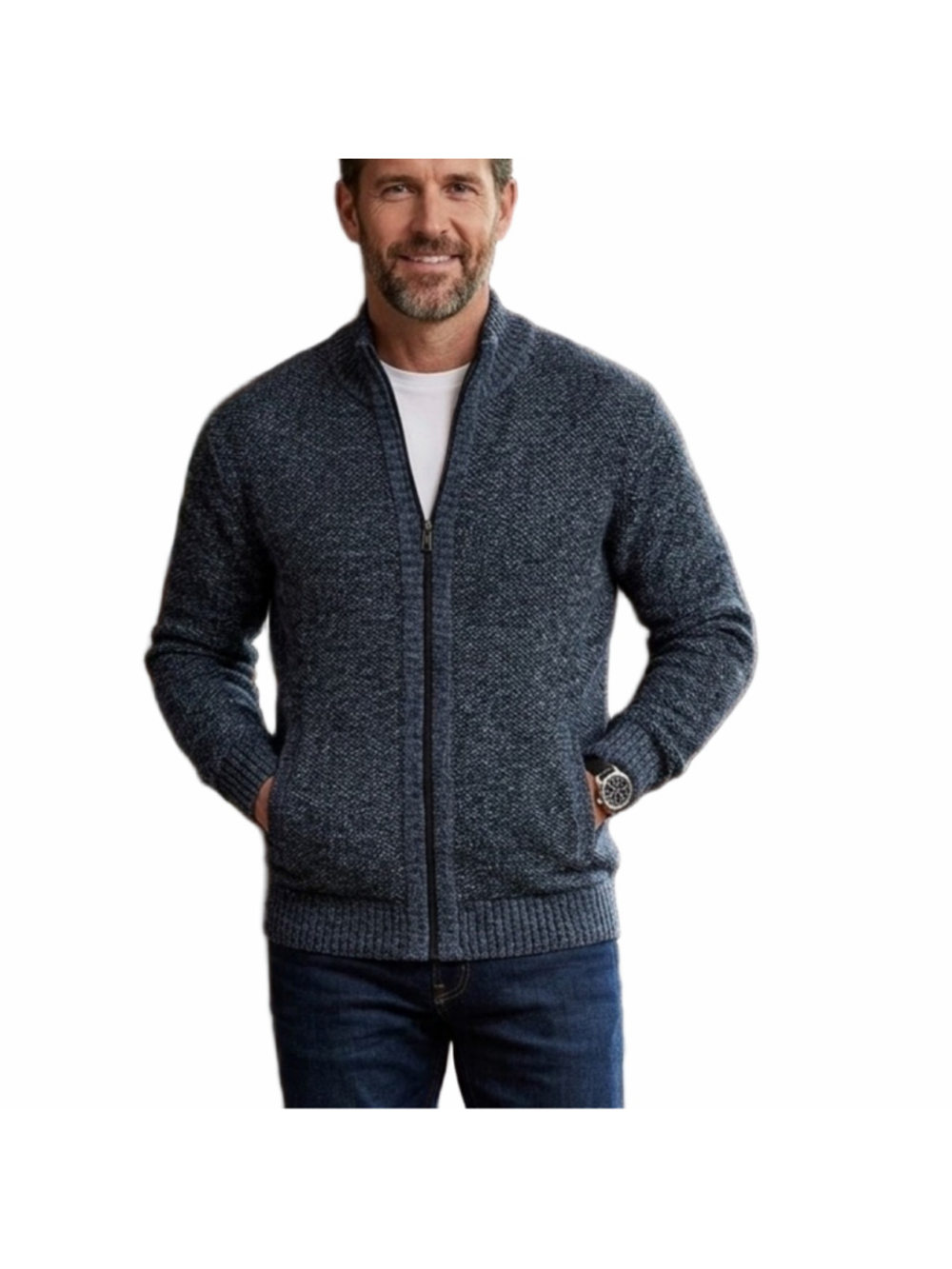 Full Zip Knit Cardigan Sweater Jacket Blue Marl Mock Neck Men’s 2XL 1721